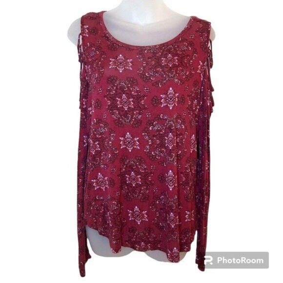 Mudd Burgundy Floral Print Long Sleeve Cold Shoulder Top Size Large - Picture 1 of 7